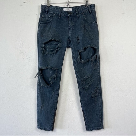 One Teaspoon Trashed Freebirds Jeans Fox Black Ripped Low Rise Distressed Y2K 24 - Picture 7 of 16